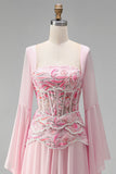 Light Pink Embroidery Corset A-Line Peplum Chiffon Long Prom Dress with Long Bell Sleeves