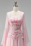 Light Pink Flare Sleeves Corset A-Line Sequin Long Formal Dress