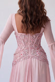 Light Pink Flare Sleeves Corset A-Line Sequin Long Formal Dress