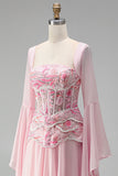 Light Pink Flare Sleeves Corset A-Line Sequin Long Formal Dress