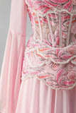 Light Pink Flare Sleeves Corset A-Line Sequin Long Formal Dress