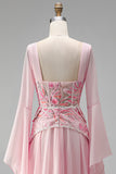 Light Pink Flare Sleeves Corset A-Line Sequin Long Formal Dress