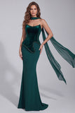 Dark Green Mermaid Beaded Strapless Corset Formal Dress with Neck Scarf