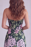 Dark Green Floral Strapless Corset Ruched A-Line Formal Dress with Slit
