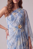 Floral Dusty BLue Asymmetrical Sheath Ruched Formal Dress with 3D Flower