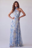 Blue One Shoulder Cut Out Floral Long Formal Dress with Neck Scarf