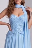 Sky Blue Strapless Sequin A-Line Formal Dress with Neck Scarf