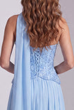 Sky Blue Strapless Sequin A-Line Formal Dress with Neck Scarf