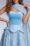 Sky Blue A-Line Corset Strapless Long Prom Dress with Side Cape