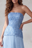 Blue A Line Strapless 3D Floral Hem Pleated Formal Dress with Rhinestones