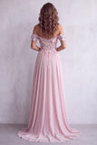Light Pink A-Line Corset Off The Shoulder Long Formal Dress with 3D Floral Appliques