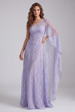 Lilac A-Line Beaded One Shoulder Formal Dress with Side Cape