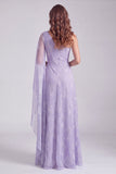 Lilac A-Line Beaded One Shoulder Formal Dress with Side Cape