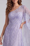Lilac A-Line Beaded One Shoulder Formal Dress with Side Cape