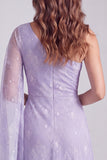 Lilac A-Line Beaded One Shoulder Formal Dress with Side Cape