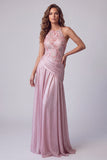 Pink A-Line Floral Embroidery Long Formal Dress