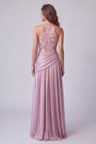 Pink A-Line Floral Embroidery Long Formal Dress