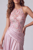 Pink A-Line Floral Embroidery Long Formal Dress