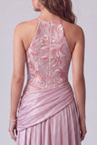 Pink A-Line Floral Embroidery Long Formal Dress
