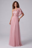 Pink Embroidery One Shoulder A-Line Long Formal Dress