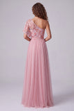 Pink Embroidery One Shoulder A-Line Long Formal Dress