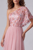 Pink Embroidery One Shoulder A-Line Long Formal Dress