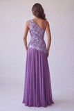Purple Floral Embroidery A-Line One Shoulder Long Formal Dress