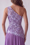 Purple Floral Embroidery A-Line One Shoulder Long Formal Dress