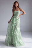 Green Strapless Ruched Floral Mermaid Formal Dress with Ruffles