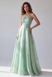 Green Halter Floral A-Line Organza Long Formal Dress