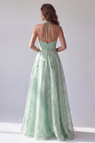 Green Halter Floral A-Line Organza Long Formal Dress