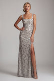 Silver Mermaid Square Neck Beaded Long Mother of the Bride Dress with Slit