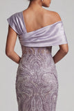 Lilac Bodycon One Shoulder Beaded Long Mother of the Bride Dress with Slit