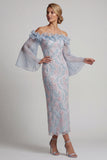 Off the Shoulder Dusty Blue Bodycon Floral Beaded Long Mother of the Bride Dress with Ruffles