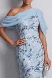 Sky Blue One Shoulder Bodycon Floral Sequins Long Mother of the Bride Dress