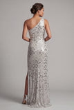 One Shoulder Silver Mermaid Beaded Long Mother of the Bride Dress with Slit
