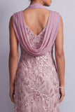 Vintage Mauve Halter Neck Sheath Sequins Floral Long Mother of the Bride Dress