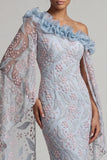 Dusty Blue Floral One Shoulder Bodycon Beaded Ruffled Long Mother of the Bride Dress