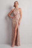 Halter Neck Champagne Mermaid Ruched Sequins Long Mother of the Bride Dress with Slit