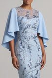 Bodycon Sky Blue Round Neck Sequins Floral Mother of the Bride Dress with Cape Sleeves