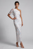 White Floral Sequins Bodycon One Shoulder Long Mother of the Bride Dress
