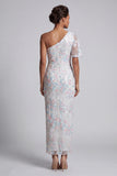 White Floral Sequins Bodycon One Shoulder Long Mother of the Bride Dress