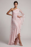 Pink One Shoulder Sheath Sequins Ruffled Long Mother of the Bride Dress with Beading