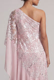 Pink One Shoulder Sheath Sequins Ruffled Long Mother of the Bride Dress with Beading
