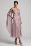 Fog Halter Neck Sequins A-Line Floral Midi Mother of the Bride Dress with Cape Sleeves