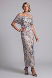 Navy Off the Shoulder Bodycon Sequins Floral Long Mother of the Bride Dress with Slit