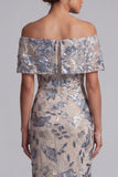 Navy Off the Shoulder Bodycon Sequins Floral Long Mother of the Bride Dress with Slit