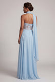 Strapless Sky Blue Sheer Corset Sequins A-Line Chiffon Long Mother of the Bride Dress