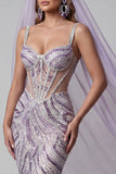 Lilac Sheer Corset Mermaid Sequins Long Pageant Dress with Veils