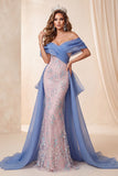 Blue and Pink Off the Shoulder Sequins Mermaid Long Pageant Dress with Train